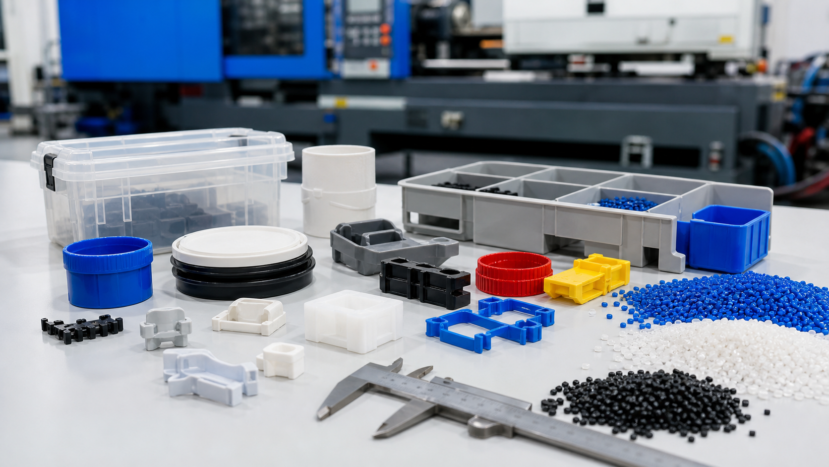 Injection molded plastic products on a workbench